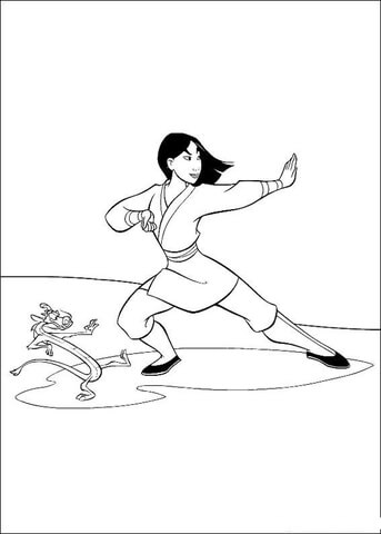 Mulan And Mushu Are Learning Kung Fu Coloring Page